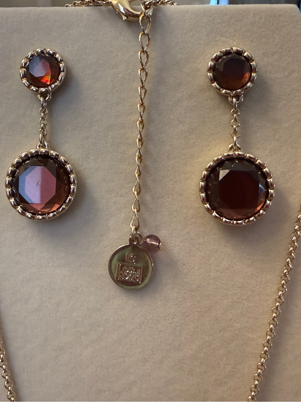 Vintage LIZ CLAIBORNE 1976 Necklace & Earring Set Amber Gold Tone Drop Pierced